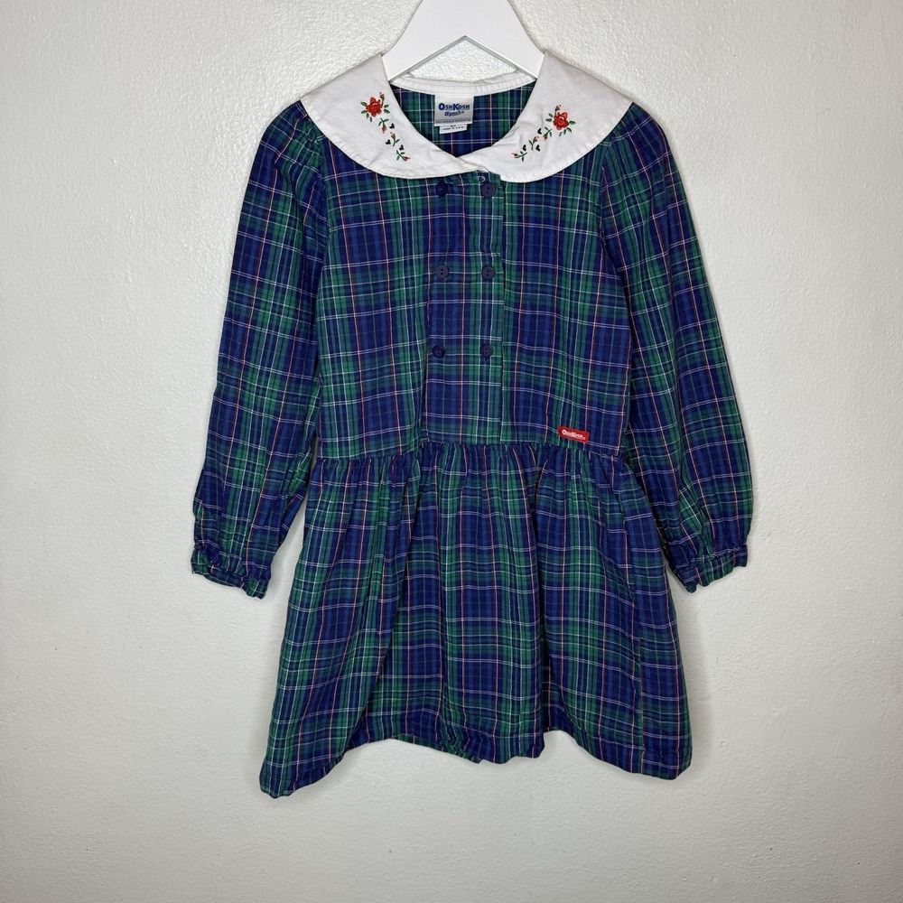 Vintage Oshkosh B'gosh Green Blue Plaid Dress‎ Flower Collar Girls 6X Preppy